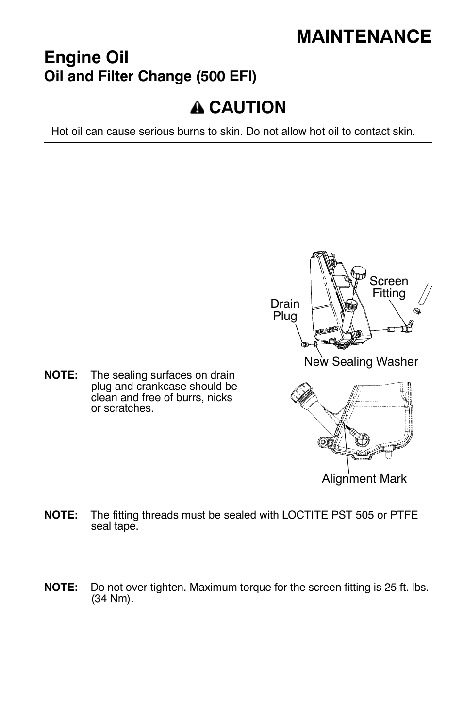 Maintenance, Engine oil, Caution | Oil and filter change (500 efi) | Polaris Sportsman 9920630 User Manual | Page 87 / 149