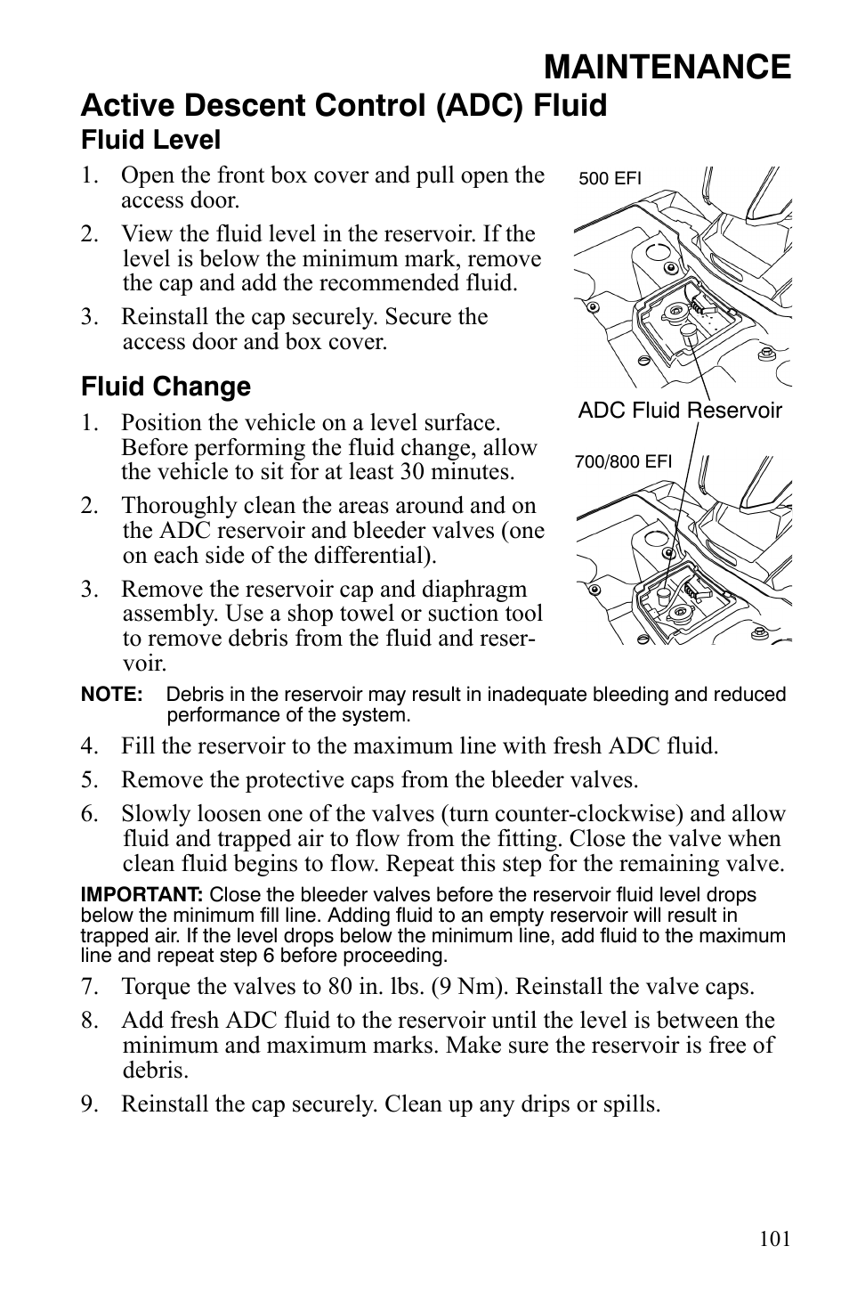 Maintenance, Active descent control (adc) fluid, Fluid level | Fluid change | Polaris Sportsman 700 X2 User Manual | Page 104 / 163