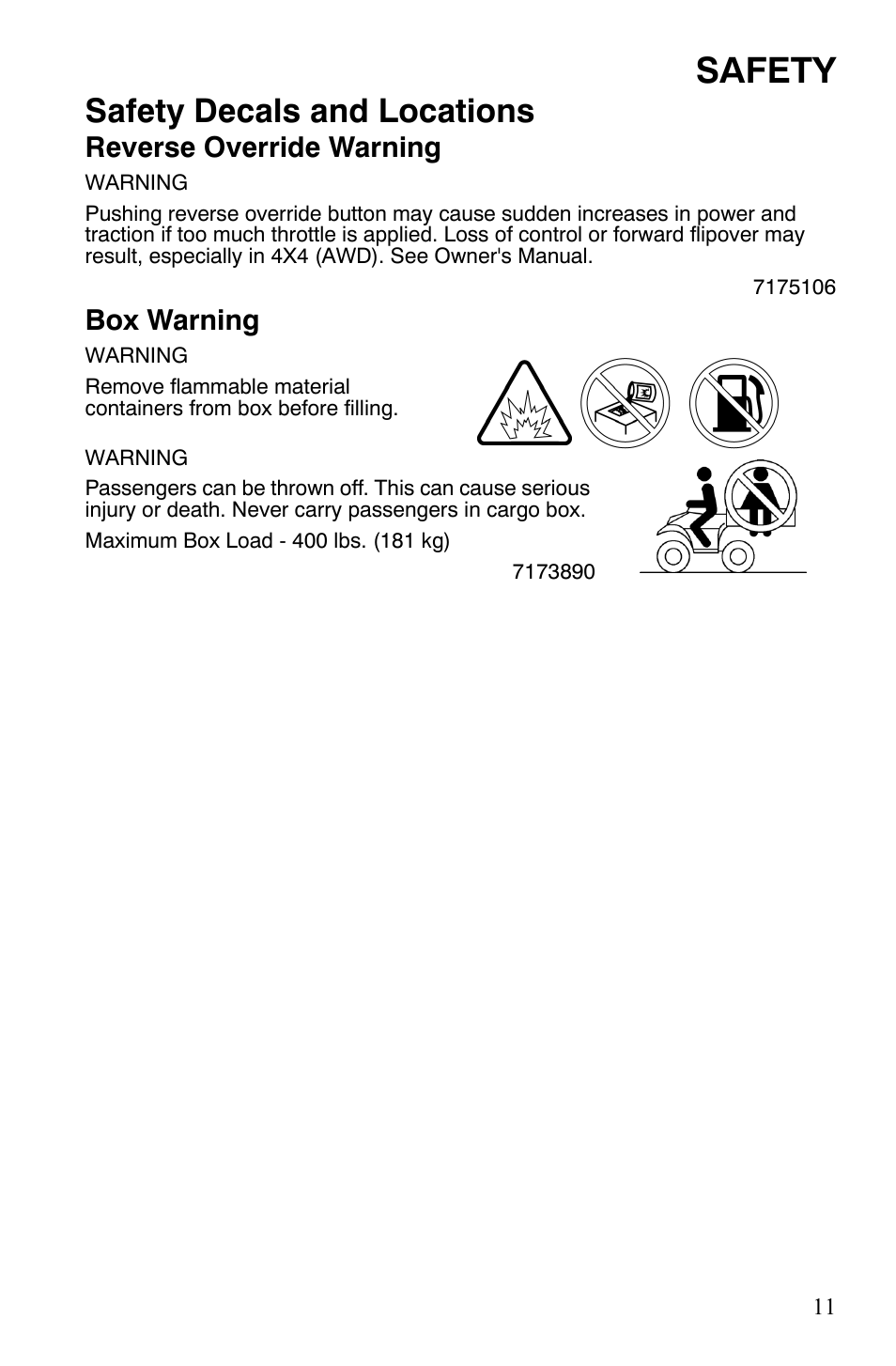 Safety, Safety decals and locations, Reverse override warning | Box warning | Polaris Sportsman 700 X2 User Manual | Page 14 / 163
