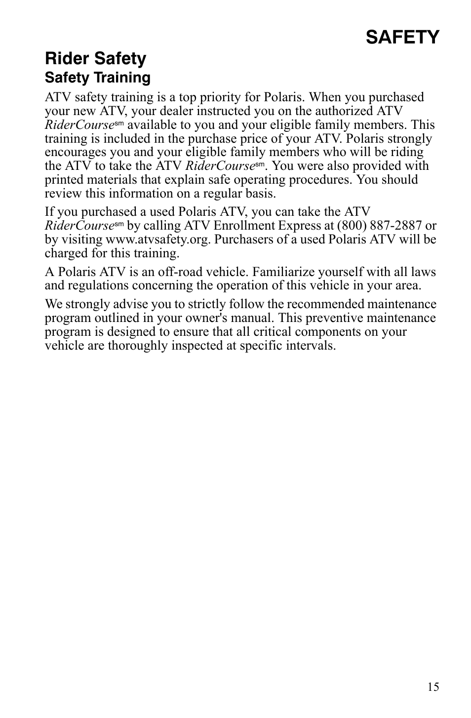 Safety, Rider safety, Safety training | Polaris Sportsman 700 X2 User Manual | Page 18 / 163