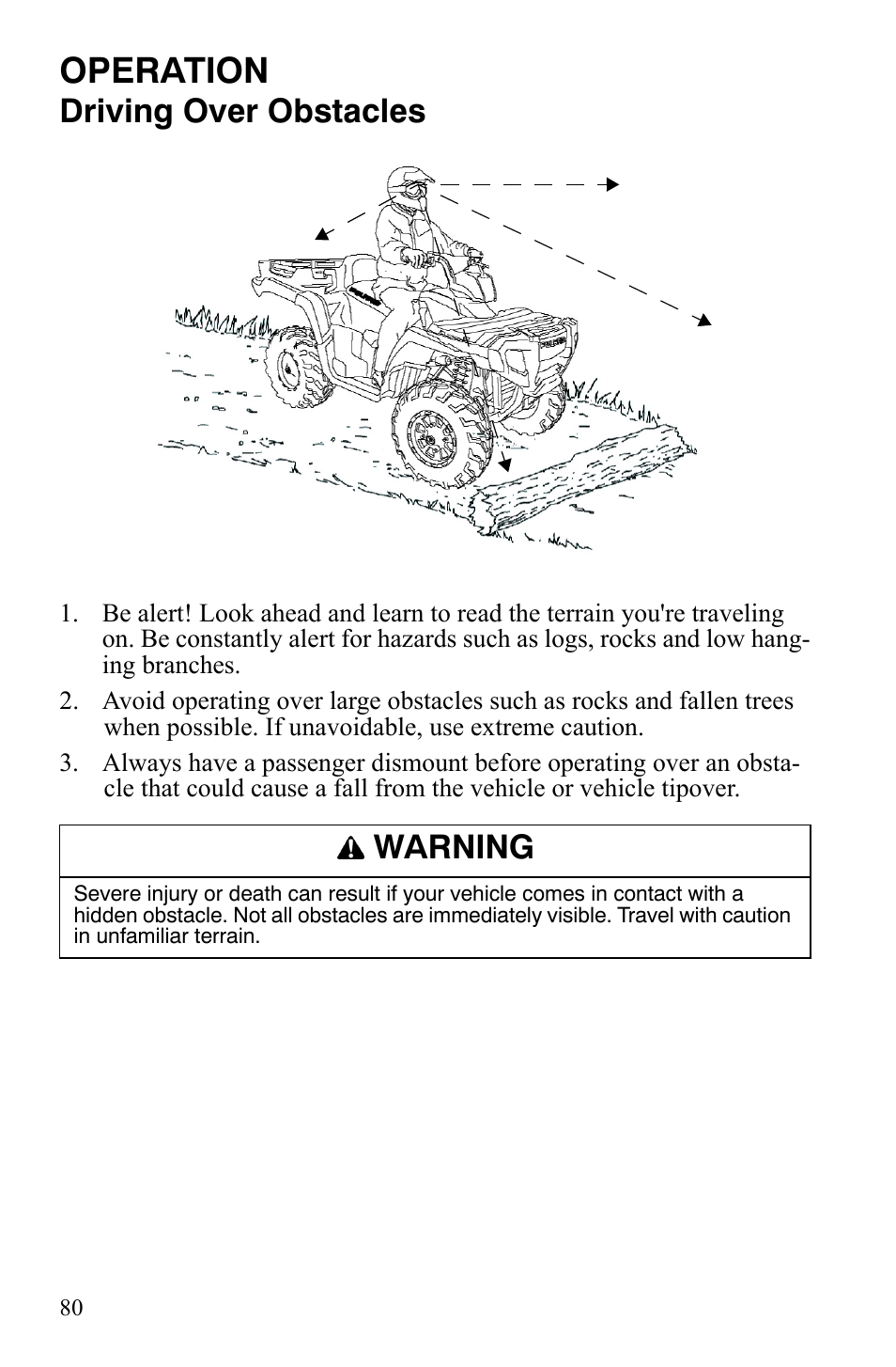 Operation, Driving over obstacles, Warning | Polaris Sportsman 700 X2 User Manual | Page 83 / 163