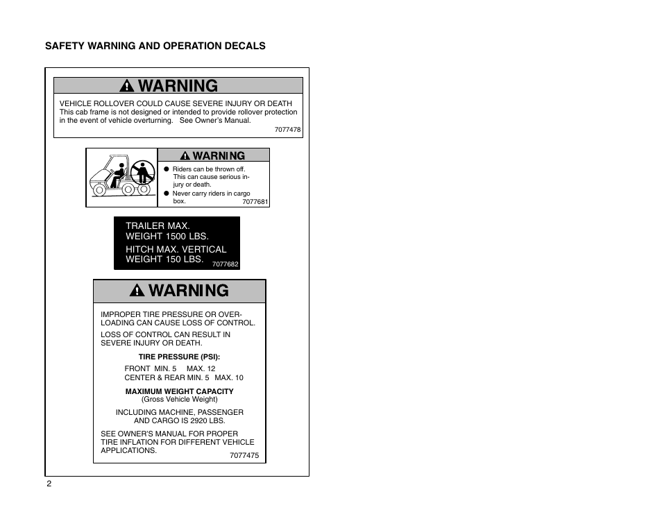 Warning | Polaris 2009 99 Ranger User Manual | Page 11 / 104
