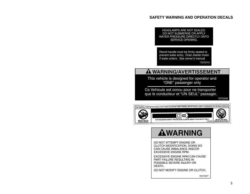Warning, Warning/avertissement | Polaris 2009 99 Ranger User Manual | Page 12 / 104