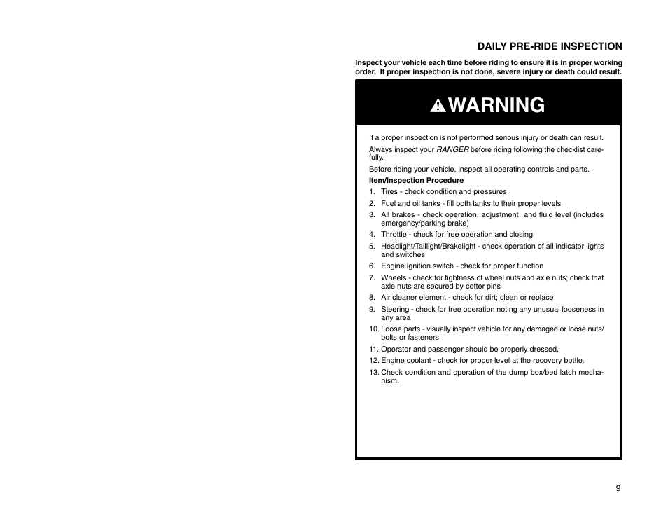 Warning | Polaris 2009 99 Ranger User Manual | Page 18 / 104