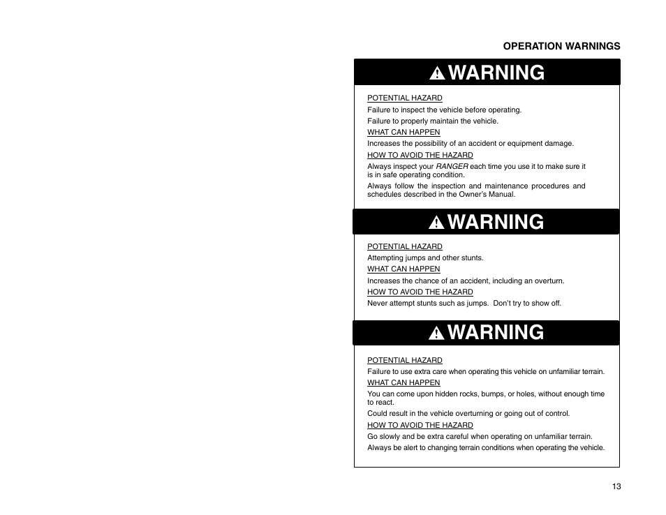Warning | Polaris 2009 99 Ranger User Manual | Page 22 / 104