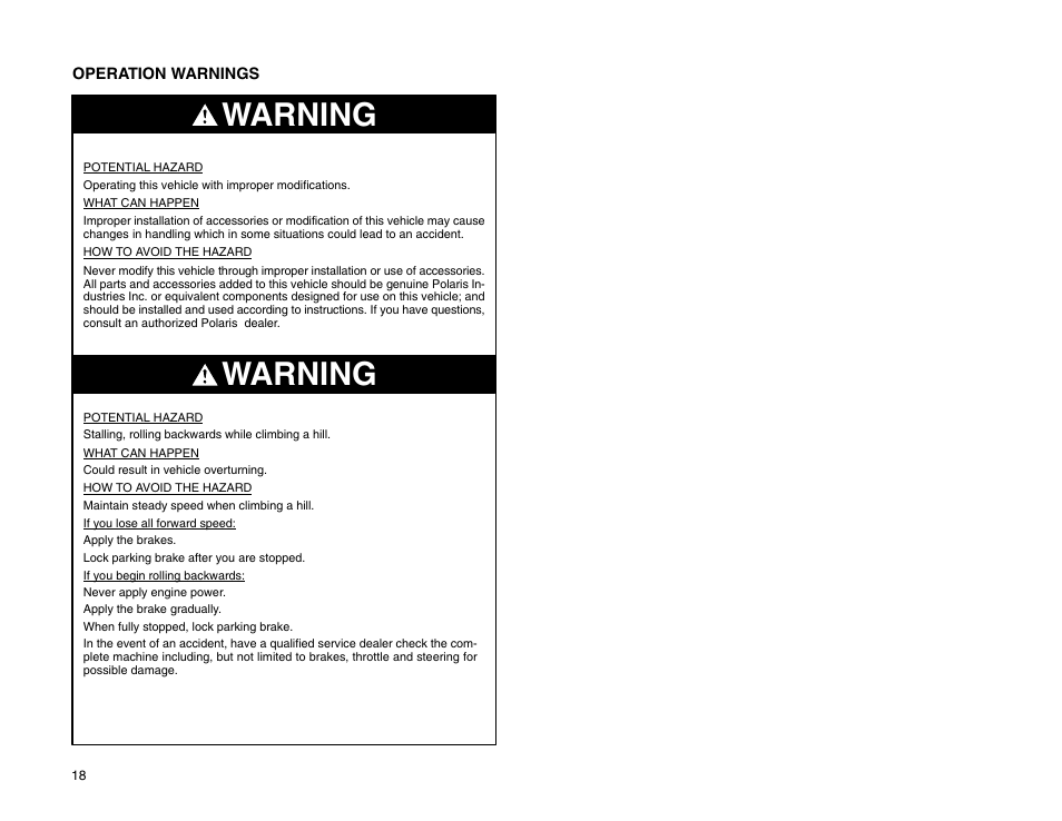 Warning | Polaris 2009 99 Ranger User Manual | Page 27 / 104