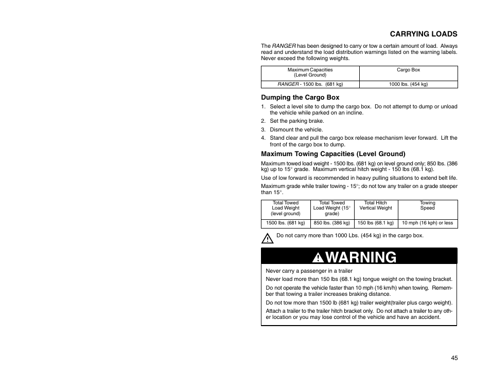 Warning, Carrying loads | Polaris 2009 99 Ranger User Manual | Page 54 / 104