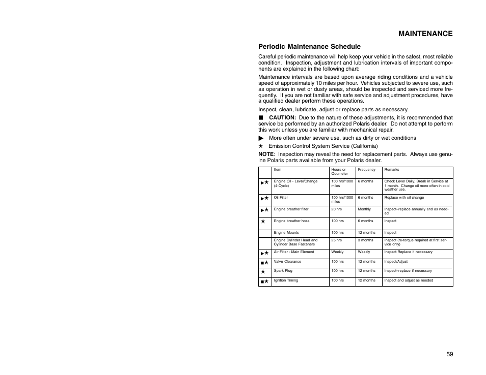 Maintenance, Periodic maintenance schedule | Polaris 2009 99 Ranger User Manual | Page 68 / 104