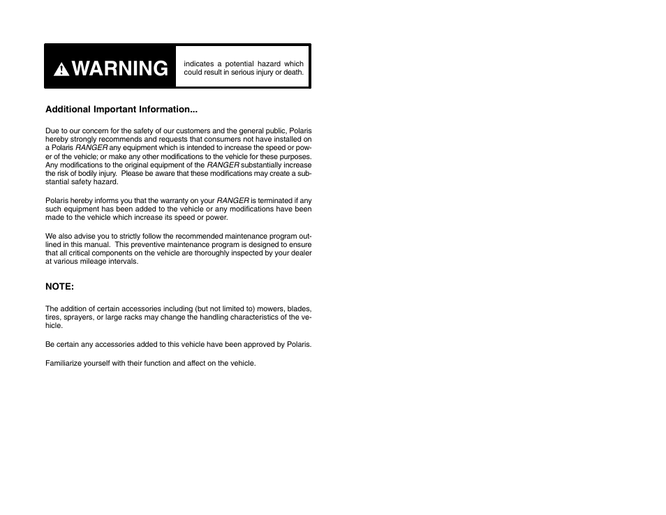 Warning | Polaris 2009 99 Ranger User Manual | Page 7 / 104