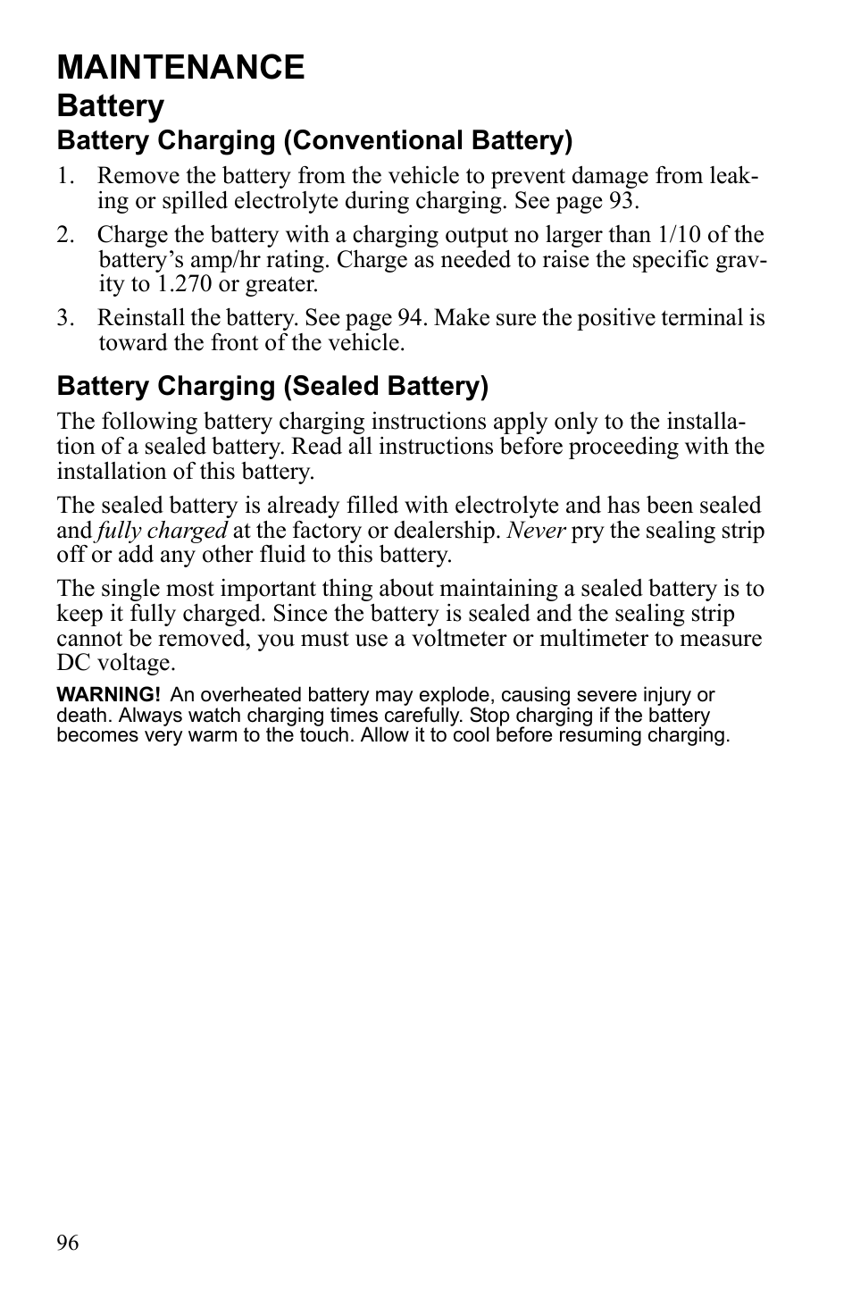 Maintenance, Battery | Polaris Sportsman 9922245 User Manual | Page 100 / 133