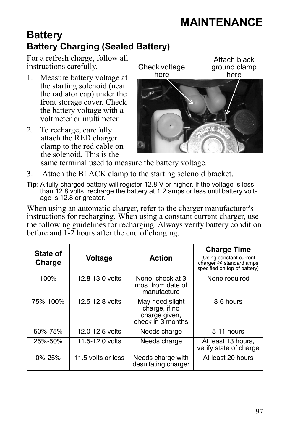 Maintenance, Battery, Battery charging (sealed battery) | Polaris Sportsman 9922245 User Manual | Page 101 / 133