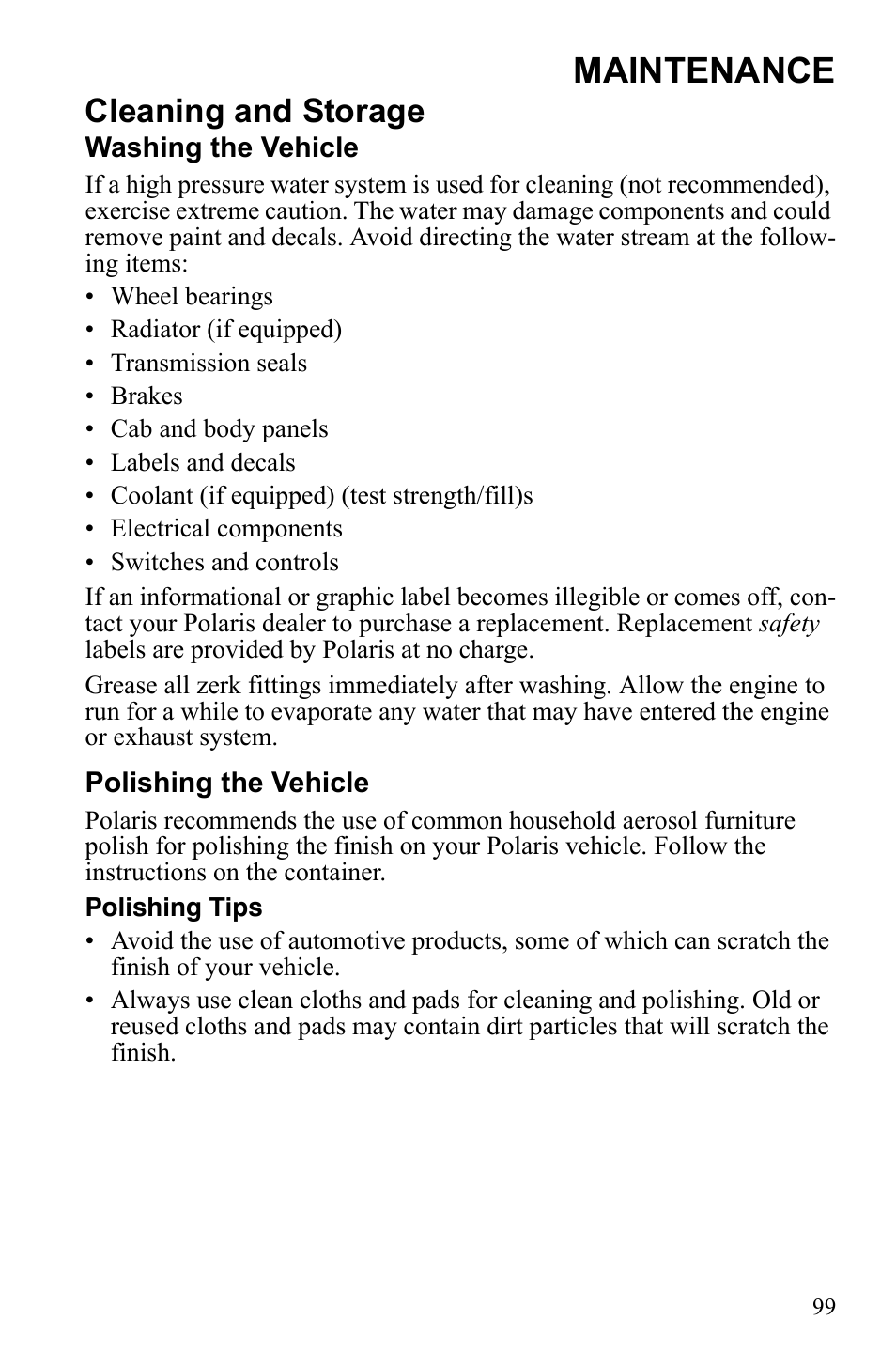 Maintenance, Cleaning and storage | Polaris Sportsman 9922245 User Manual | Page 103 / 133