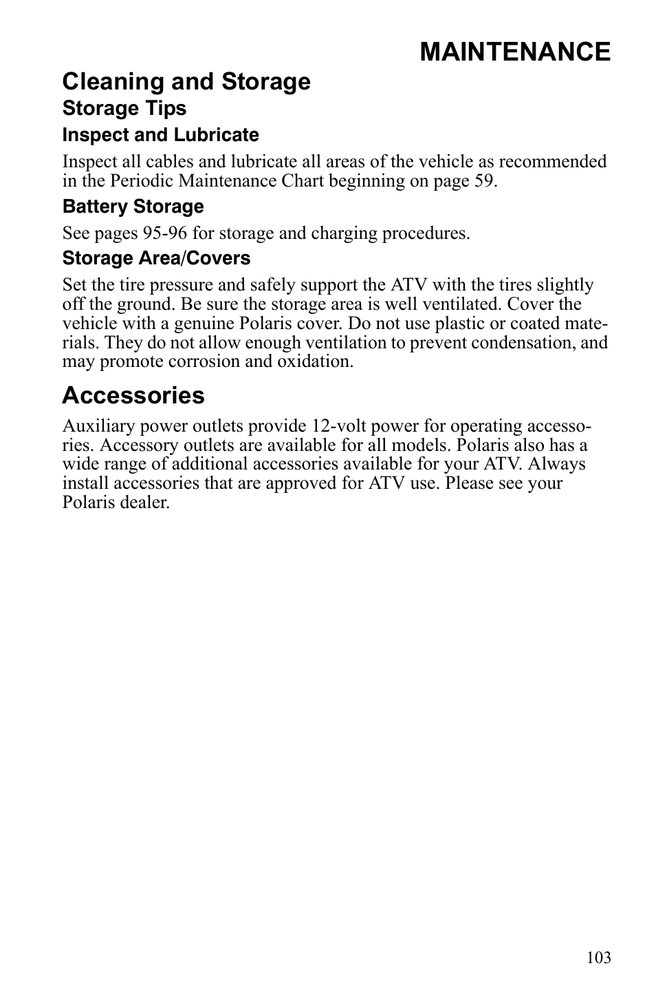 Maintenance, Cleaning and storage, Accessories | Polaris Sportsman 9922245 User Manual | Page 107 / 133