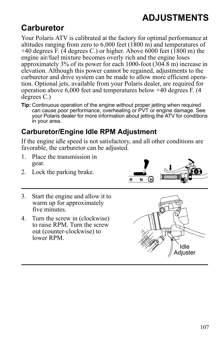 Adjustments, Carburetor | Polaris Sportsman 9922245 User Manual | Page 111 / 133