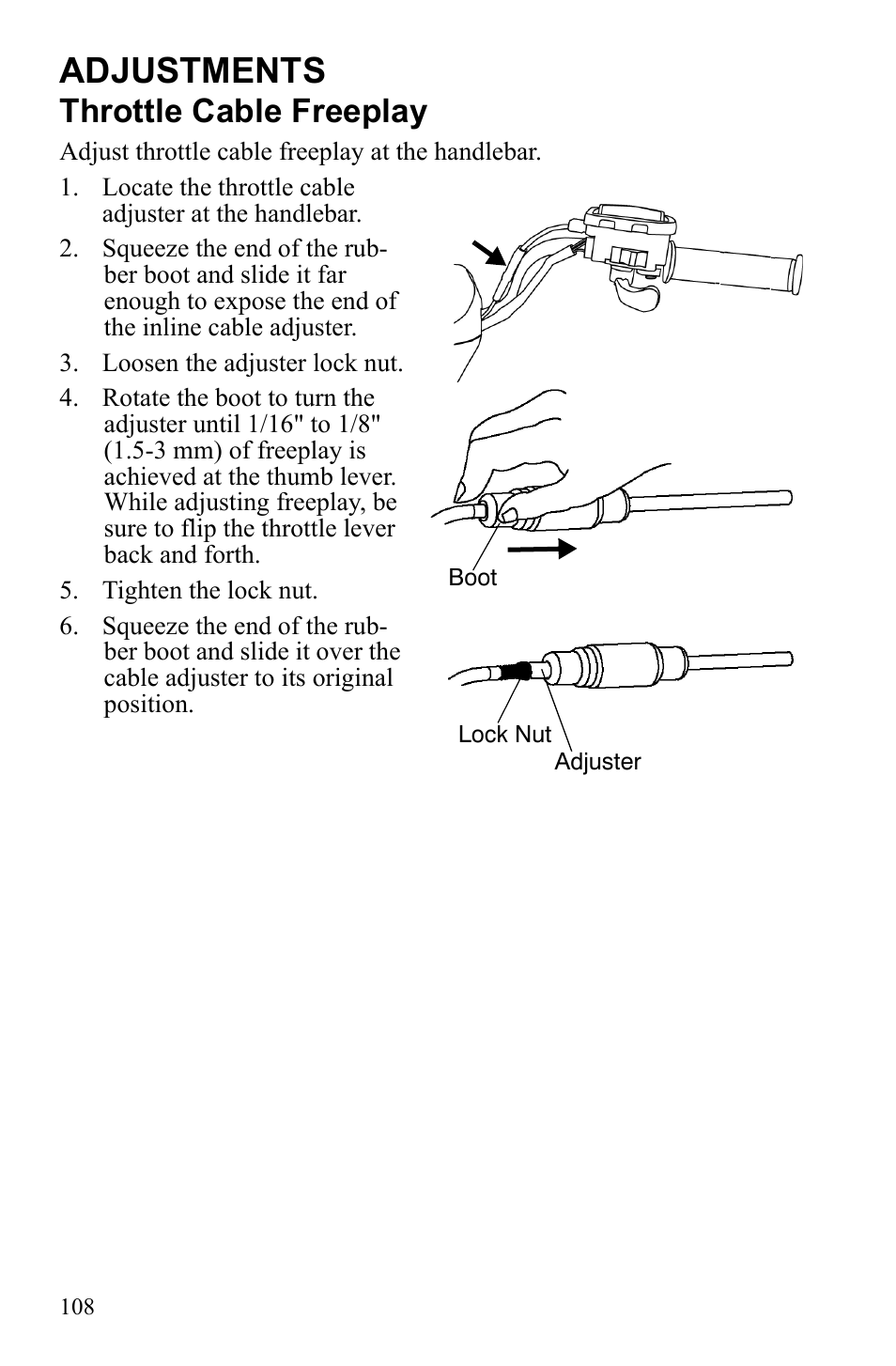 Adjustments, Throttle cable freeplay | Polaris Sportsman 9922245 User Manual | Page 112 / 133