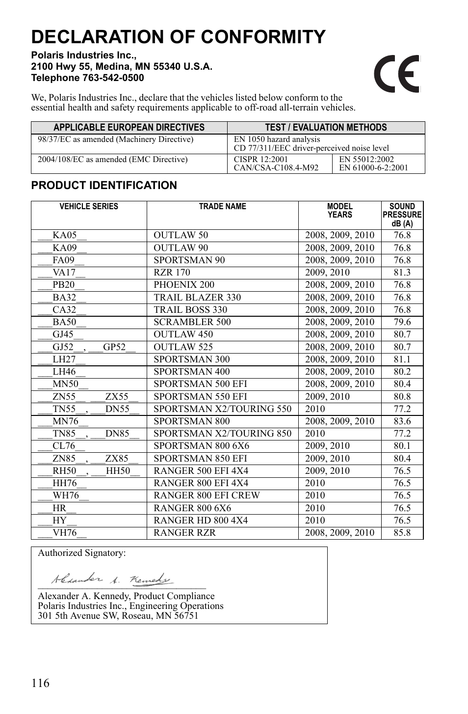 Declaration of conformity | Polaris Sportsman 9922245 User Manual | Page 120 / 133