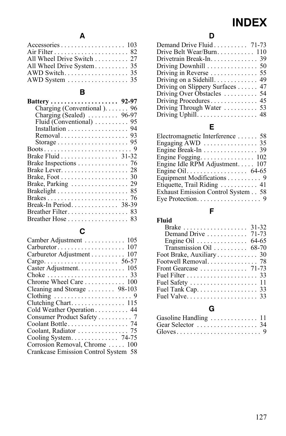 Index | Polaris Sportsman 9922245 User Manual | Page 131 / 133