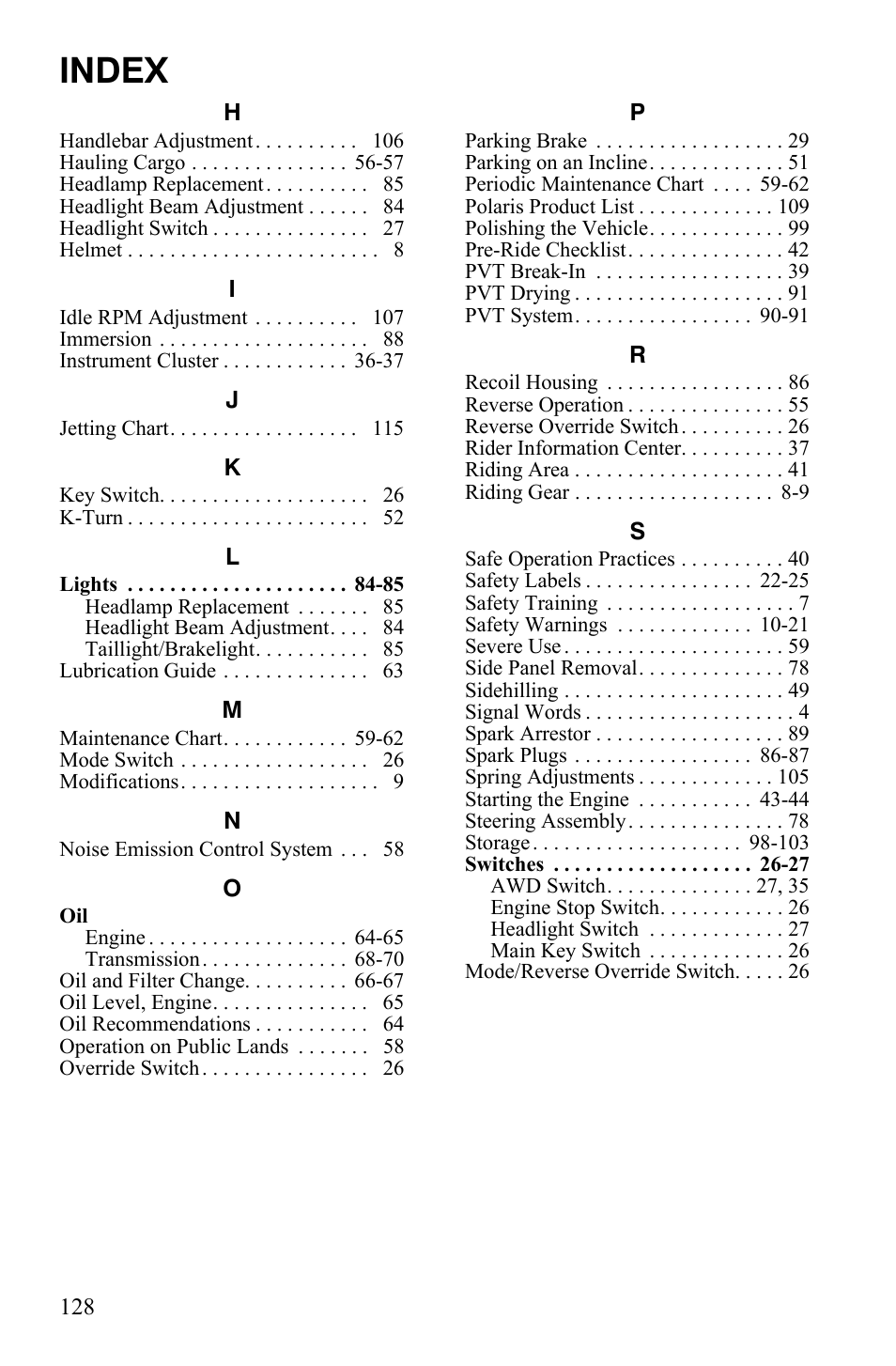 Index | Polaris Sportsman 9922245 User Manual | Page 132 / 133