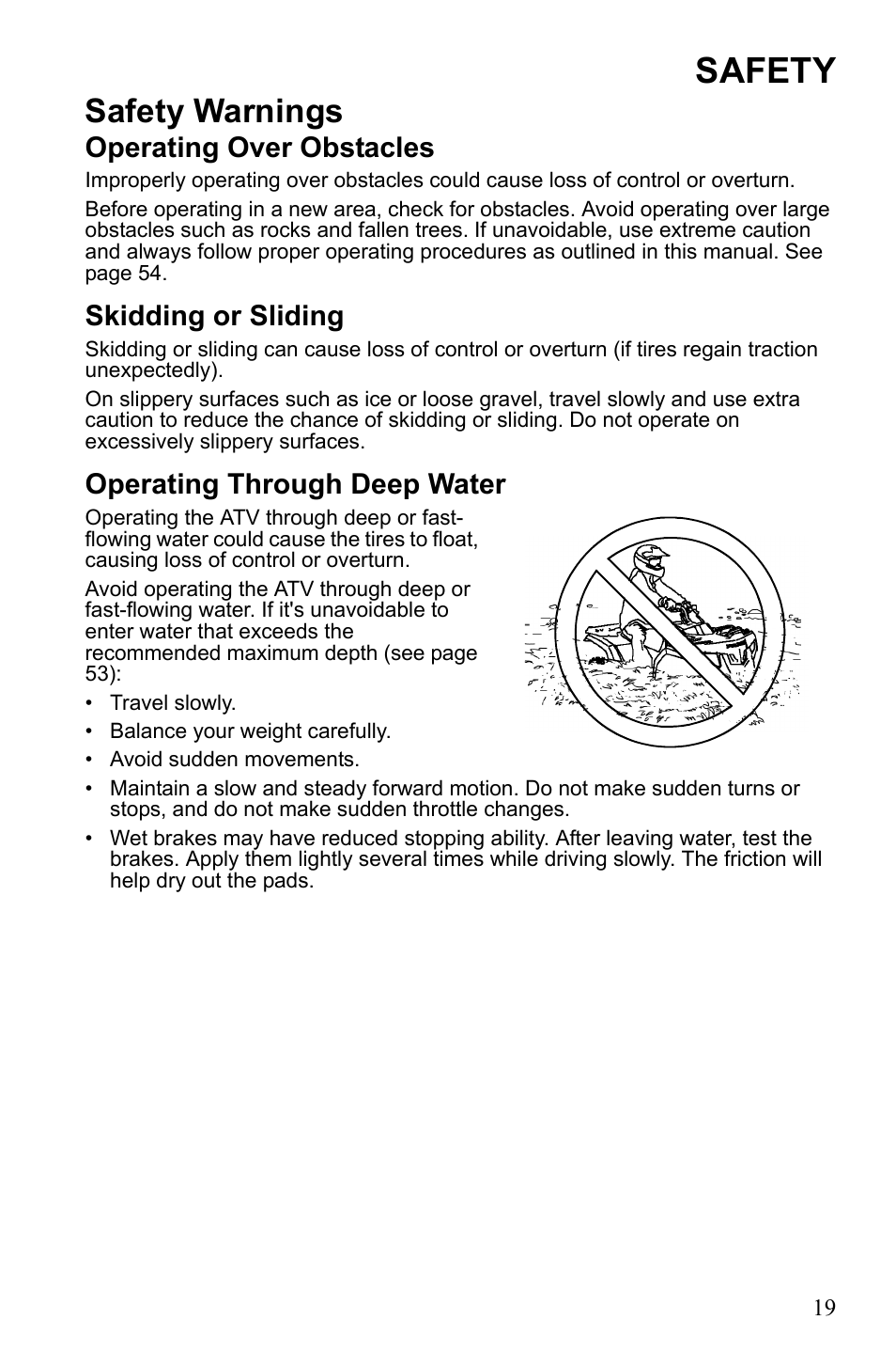 Safety, Safety warnings, Operating over obstacles | Skidding or sliding, Operating through deep water | Polaris Sportsman 9922245 User Manual | Page 23 / 133