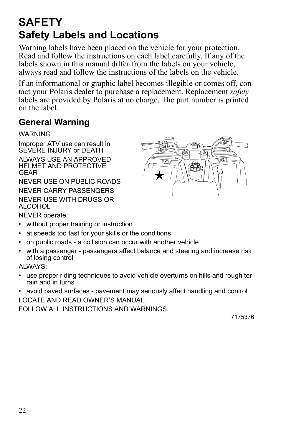 Safety, Safety labels and locations, General warning | Polaris Sportsman 9922245 User Manual | Page 26 / 133