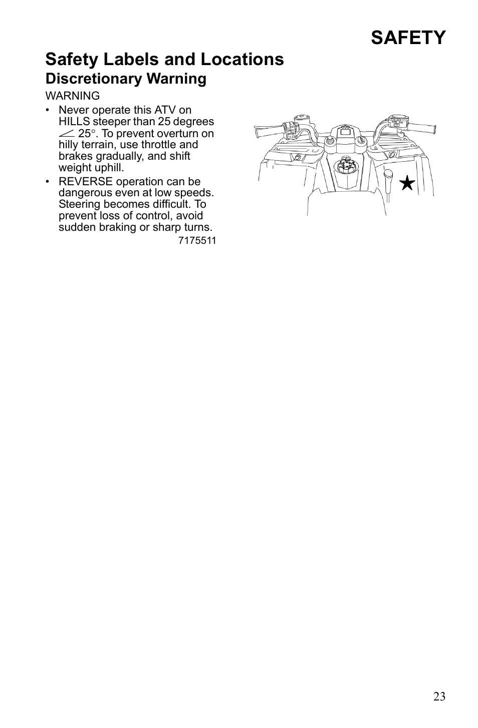 Safety, Safety labels and locations, Discretionary warning | Polaris Sportsman 9922245 User Manual | Page 27 / 133