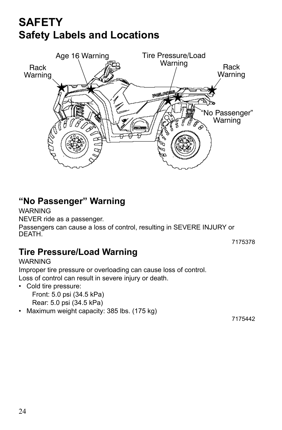 Safety, Safety labels and locations | Polaris Sportsman 9922245 User Manual | Page 28 / 133