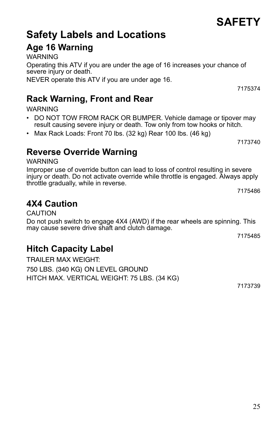 Safety, Safety labels and locations, Age 16 warning | Rack warning, front and rear, Reverse override warning, 4x4 caution, Hitch capacity label | Polaris Sportsman 9922245 User Manual | Page 29 / 133