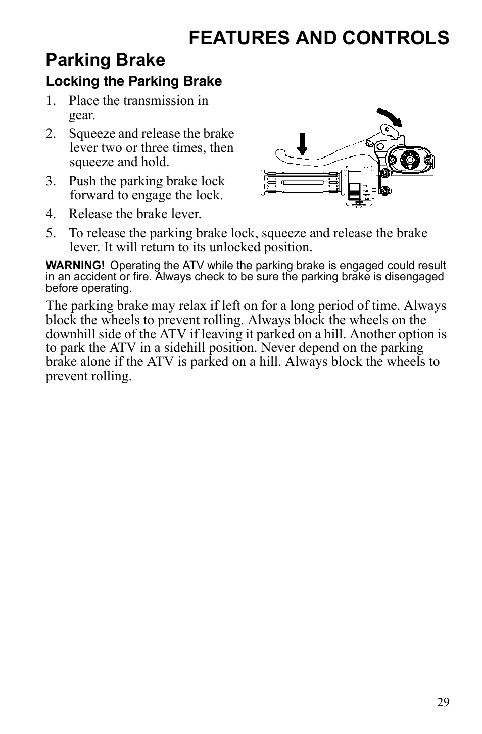 Features and controls, Parking brake | Polaris Sportsman 9922245 User Manual | Page 33 / 133