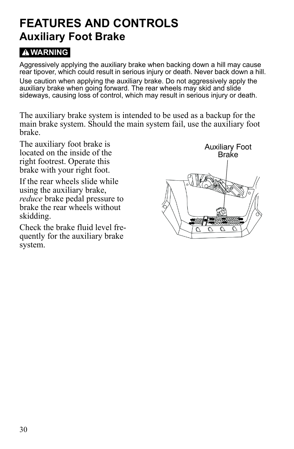 Features and controls, Auxiliary foot brake | Polaris Sportsman 9922245 User Manual | Page 34 / 133