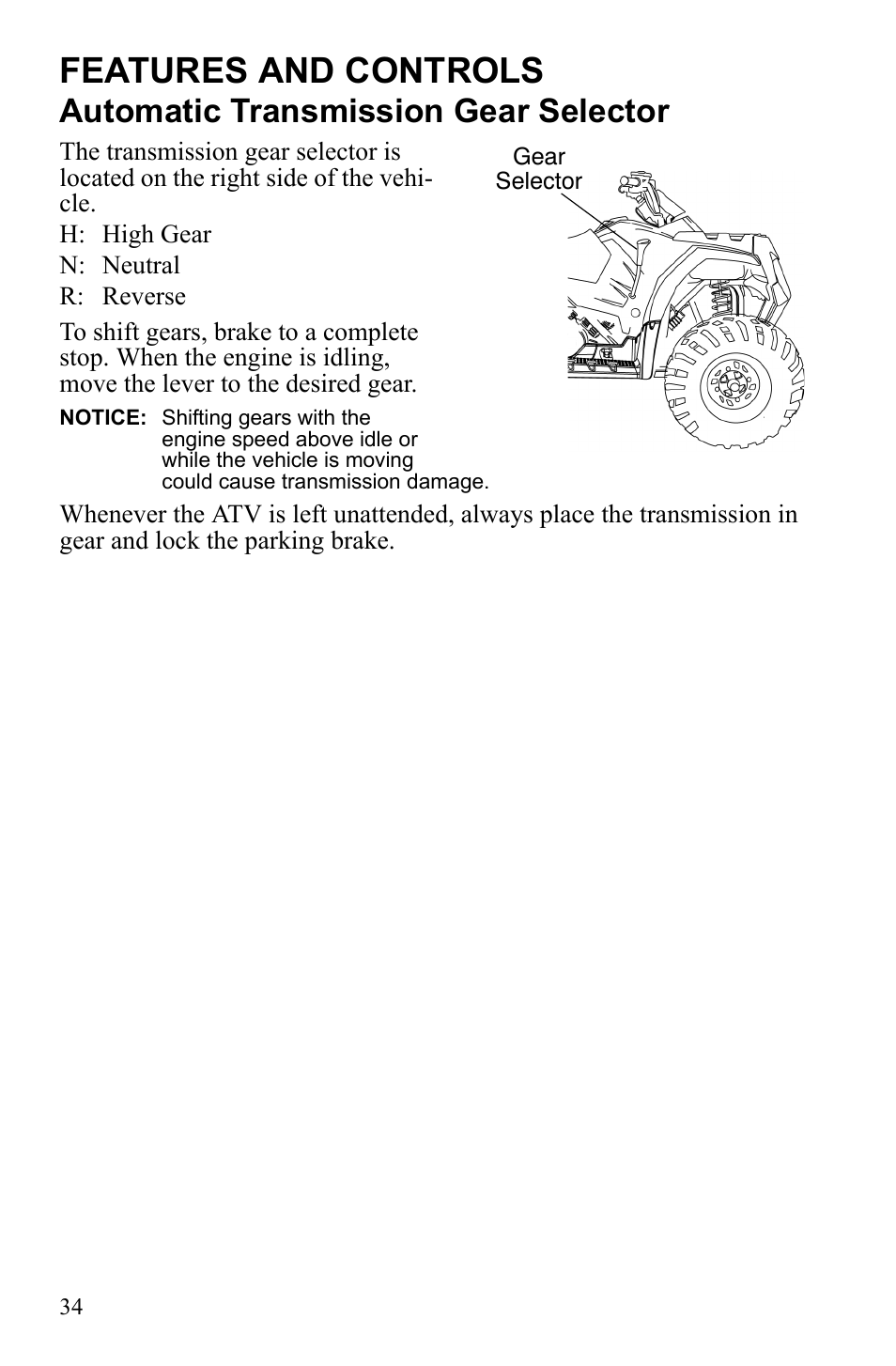 Features and controls, Automatic transmission gear selector | Polaris Sportsman 9922245 User Manual | Page 38 / 133