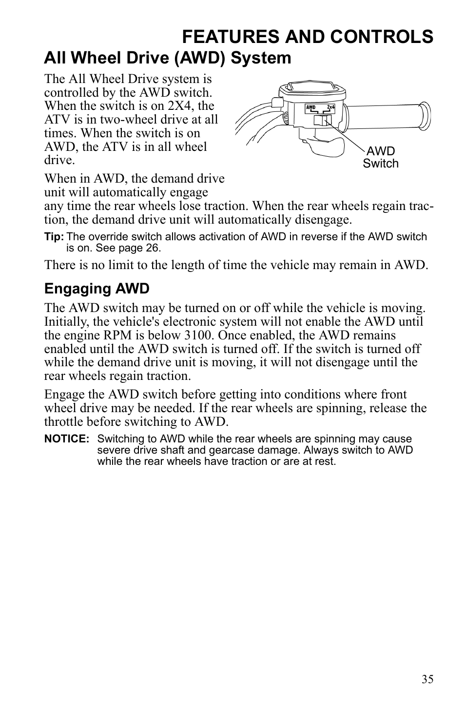 Features and controls, All wheel drive (awd) system | Polaris Sportsman 9922245 User Manual | Page 39 / 133