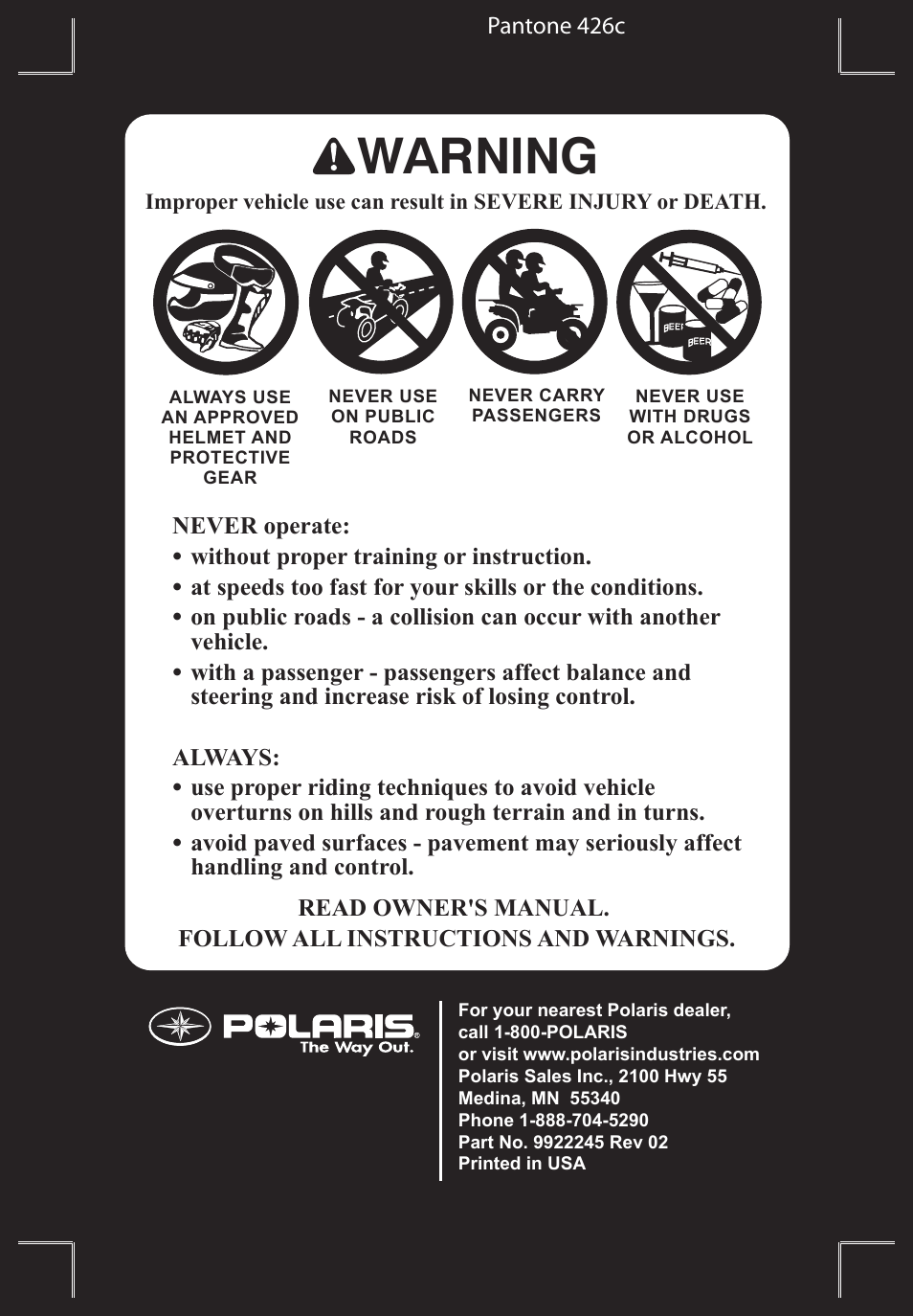 Warning | Polaris Sportsman 9922245 User Manual | Page 4 / 133