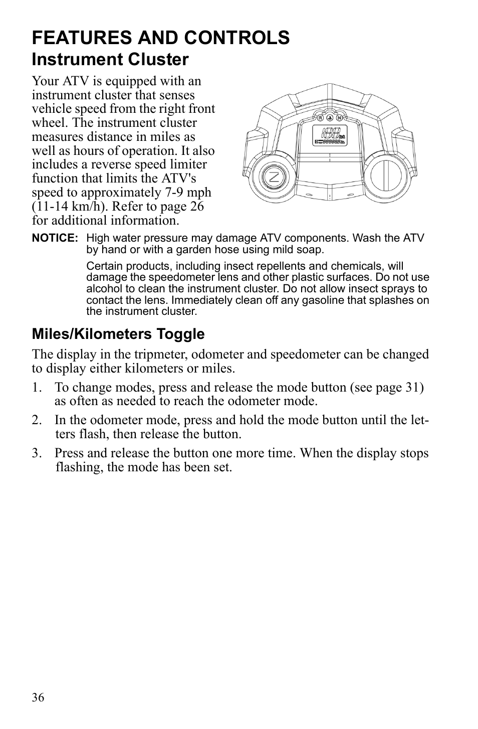 Features and controls, Instrument cluster | Polaris Sportsman 9922245 User Manual | Page 40 / 133