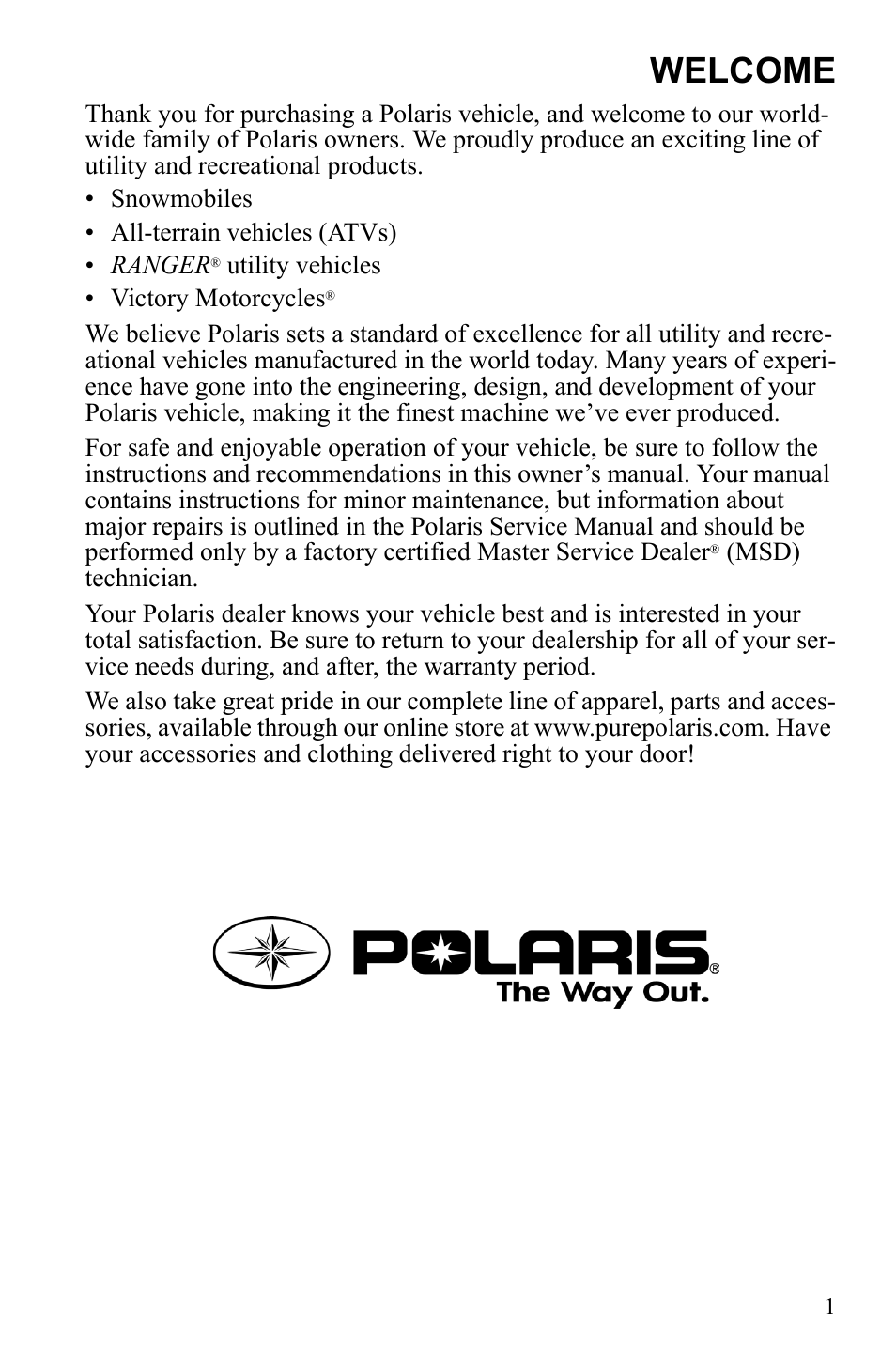 Welcome | Polaris Sportsman 9922245 User Manual | Page 5 / 133