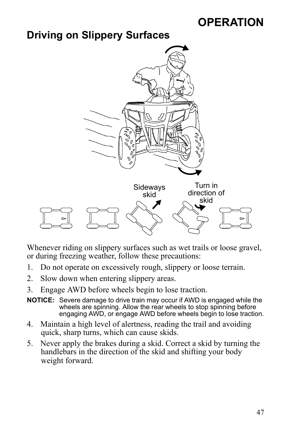 Operation, Driving on slippery surfaces | Polaris Sportsman 9922245 User Manual | Page 51 / 133