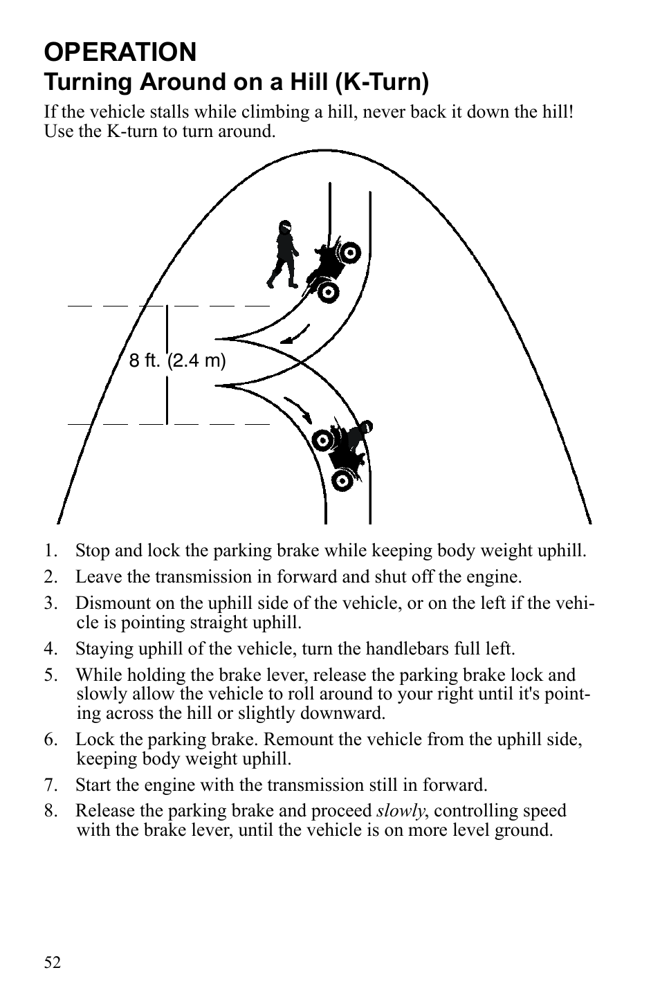 Operation, Turning around on a hill (k-turn) | Polaris Sportsman 9922245 User Manual | Page 56 / 133