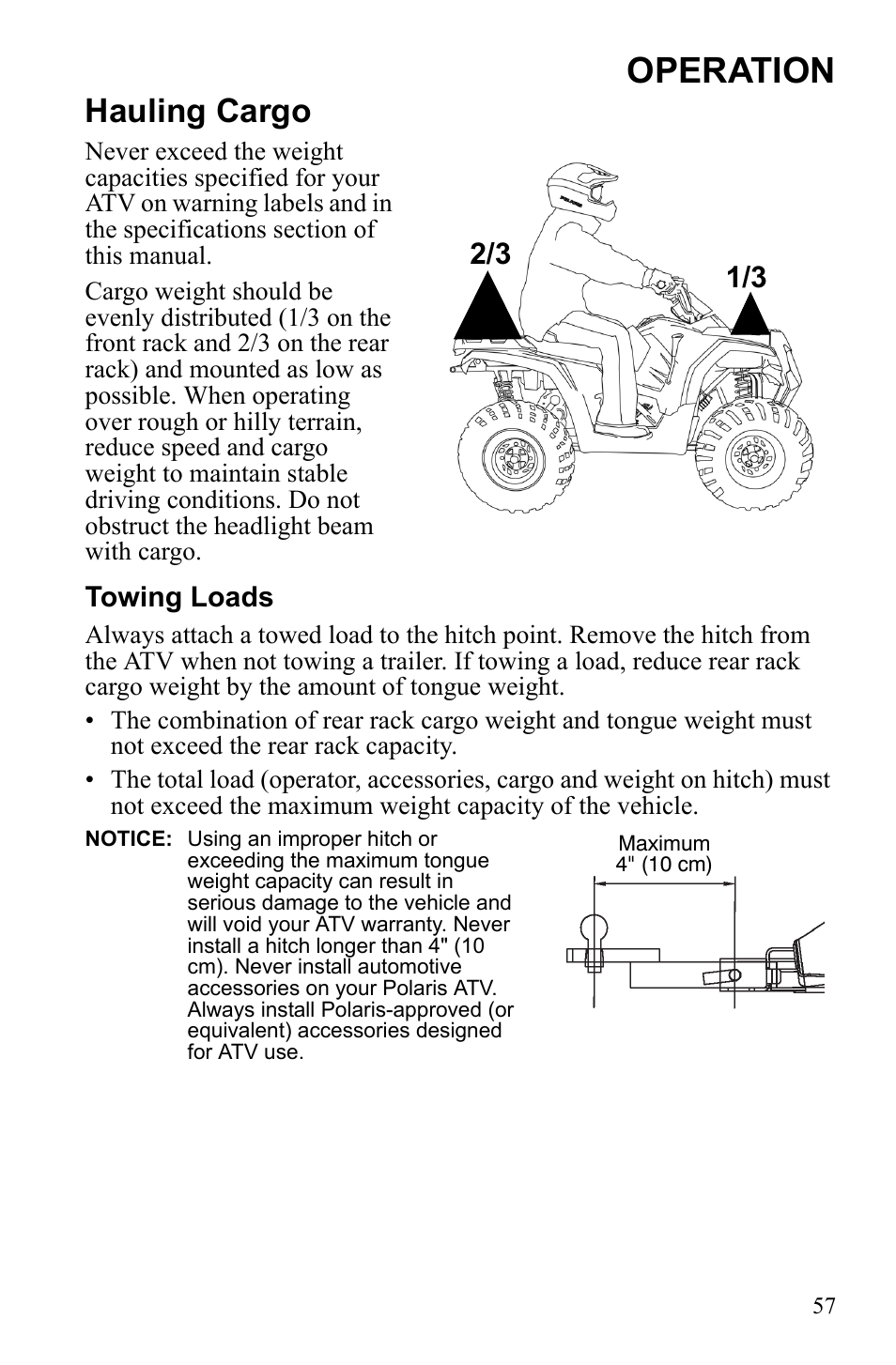 Operation, Hauling cargo, Towing loads | Polaris Sportsman 9922245 User Manual | Page 61 / 133