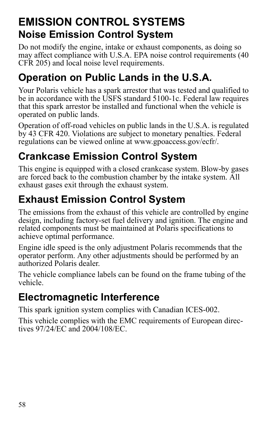 Emission control systems, Noise emission control system, Operation on public lands in the u.s.a | Crankcase emission control system, Exhaust emission control system, Electromagnetic interference | Polaris Sportsman 9922245 User Manual | Page 62 / 133