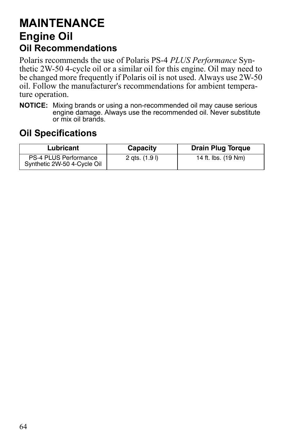 Maintenance, Engine oil, Oil recommendations | Oil specifications | Polaris Sportsman 9922245 User Manual | Page 68 / 133