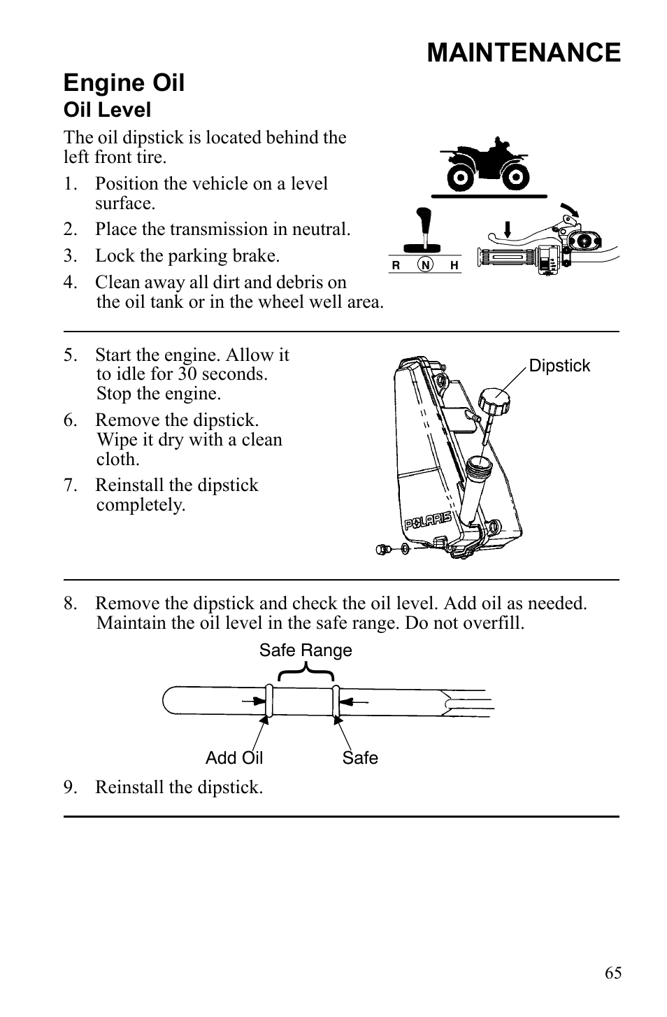 Maintenance, Engine oil | Polaris Sportsman 9922245 User Manual | Page 69 / 133