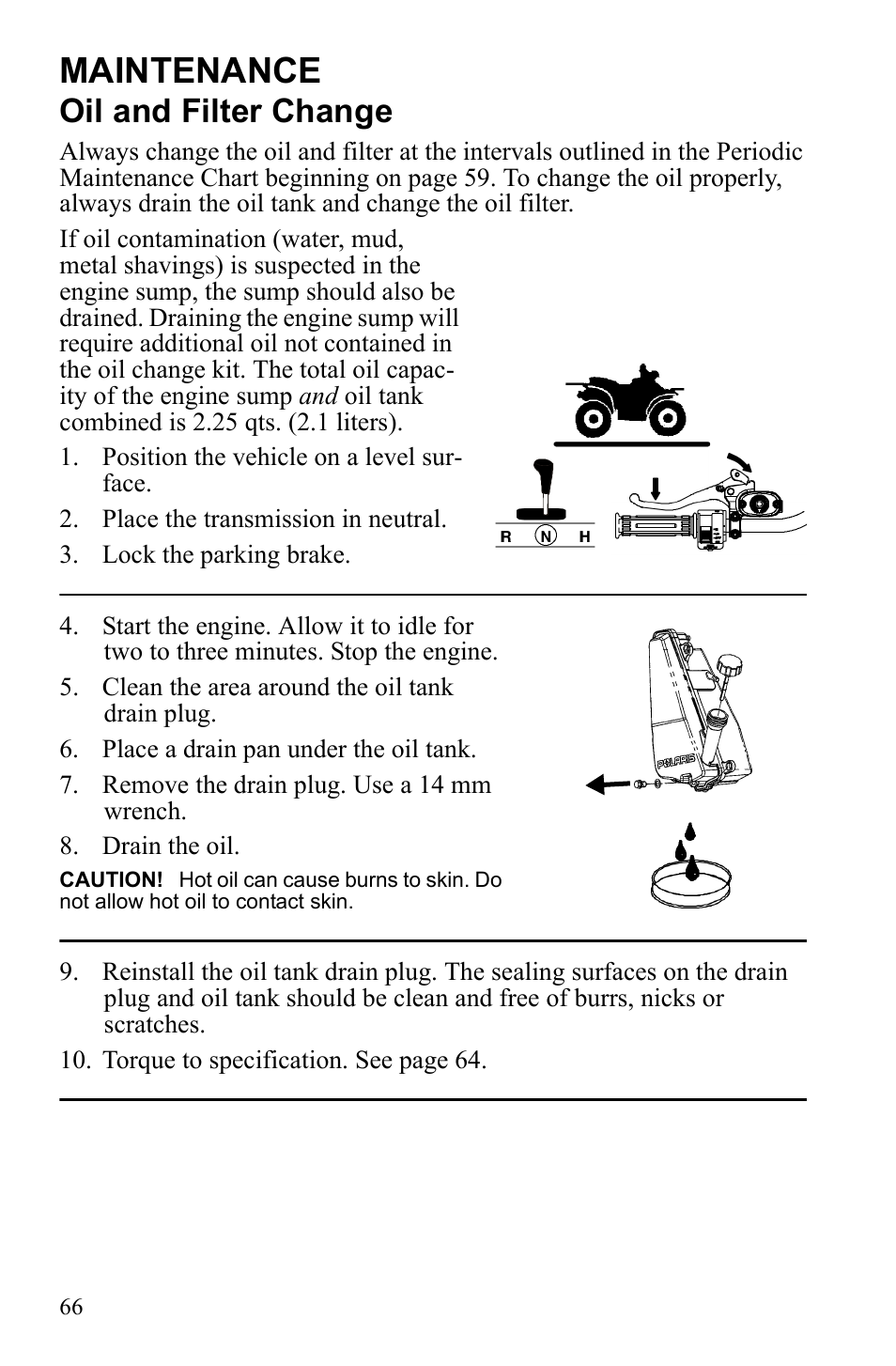 Maintenance, Oil and filter change | Polaris Sportsman 9922245 User Manual | Page 70 / 133