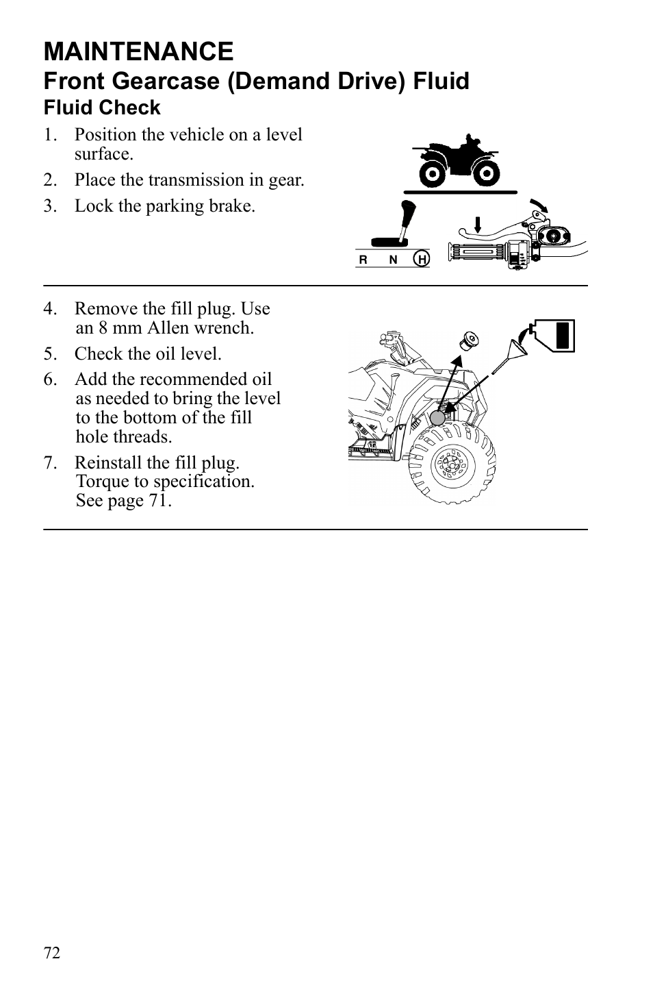 Maintenance, Front gearcase (demand drive) fluid | Polaris Sportsman 9922245 User Manual | Page 76 / 133