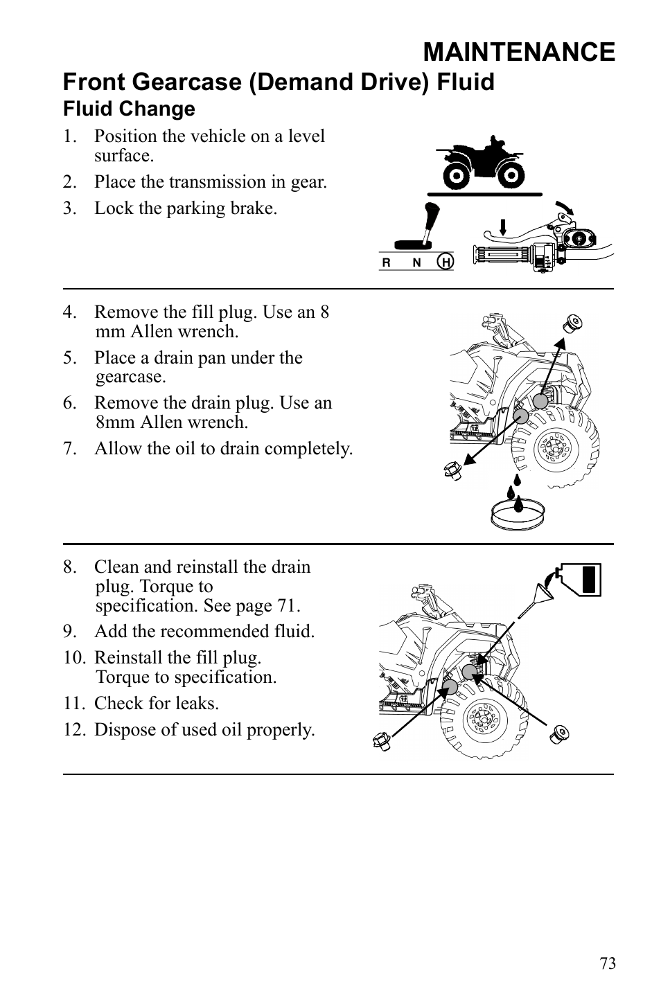 Maintenance, Front gearcase (demand drive) fluid | Polaris Sportsman 9922245 User Manual | Page 77 / 133