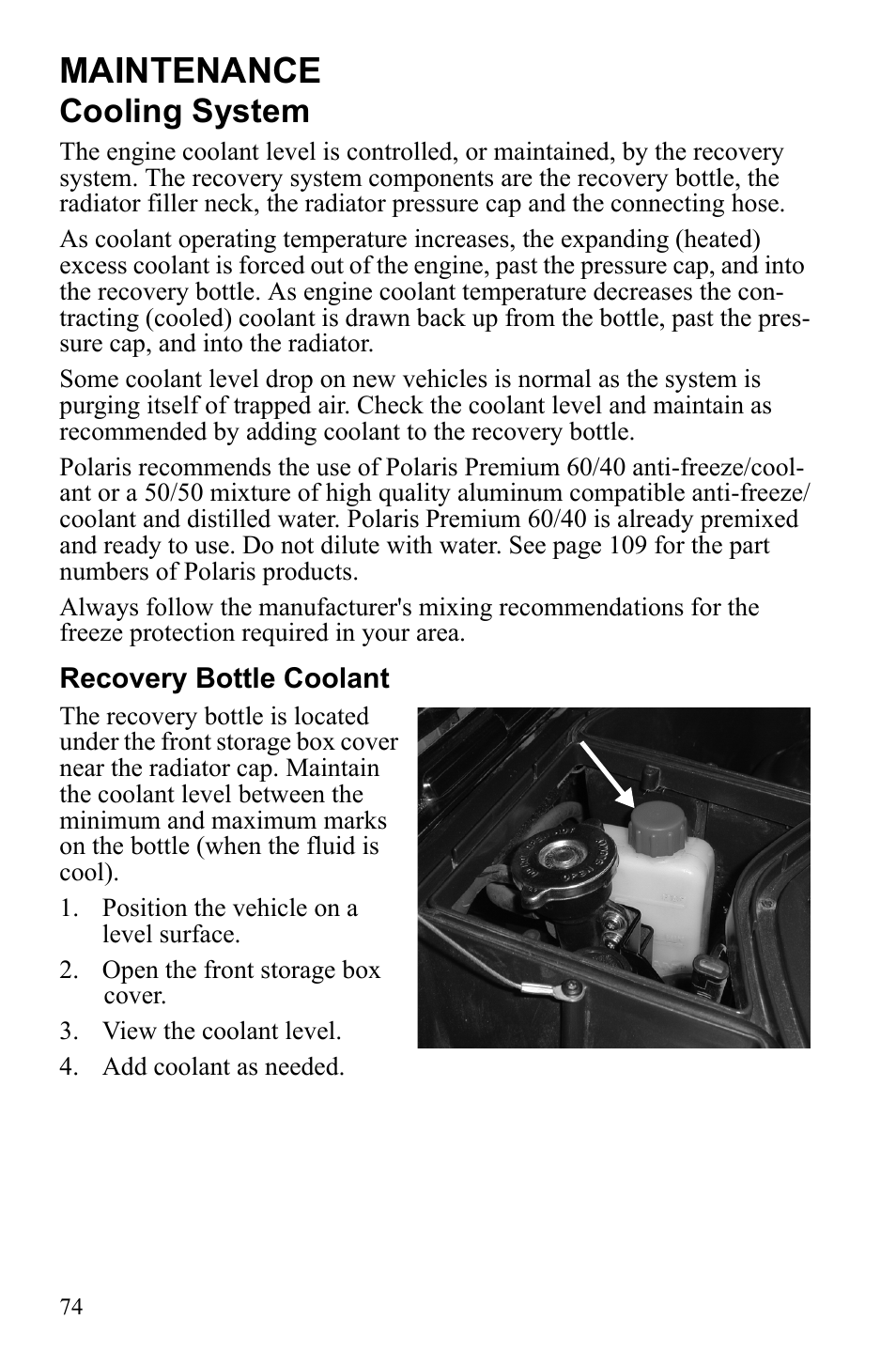 Maintenance, Cooling system | Polaris Sportsman 9922245 User Manual | Page 78 / 133