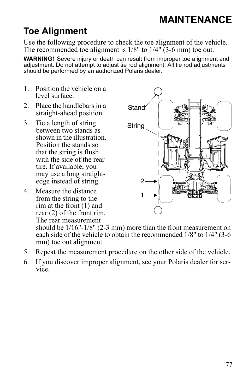 Maintenance, Toe alignment | Polaris Sportsman 9922245 User Manual | Page 81 / 133