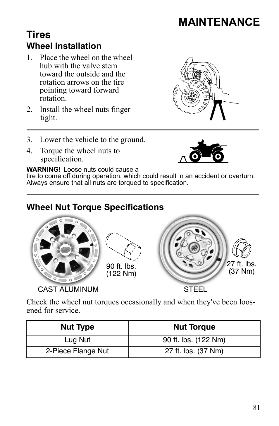 Maintenance, Tires | Polaris Sportsman 9922245 User Manual | Page 85 / 133