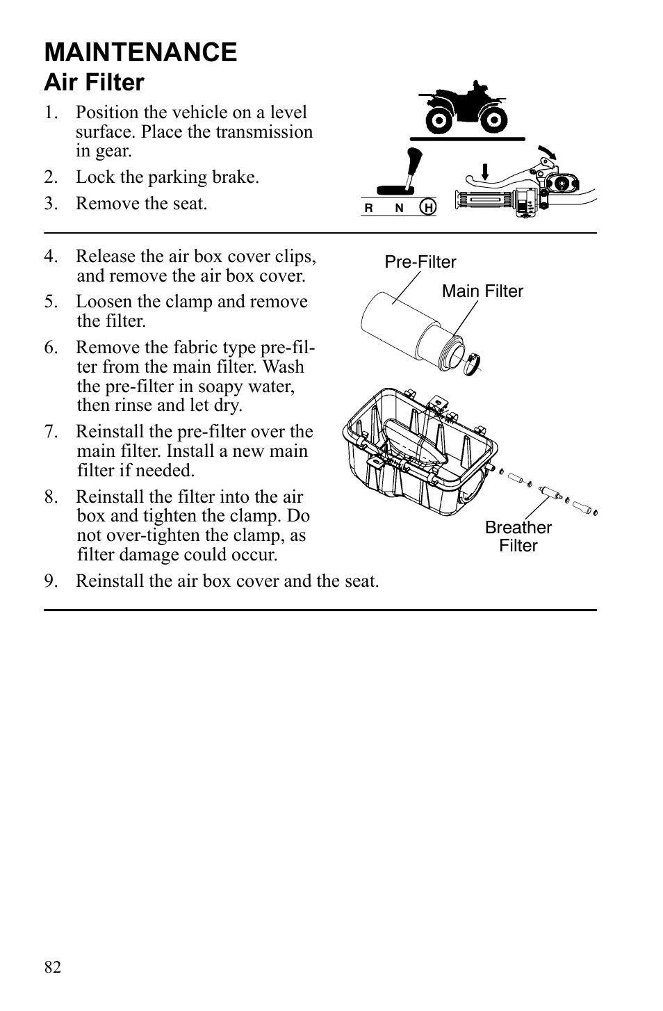 Maintenance, Air filter | Polaris Sportsman 9922245 User Manual | Page 86 / 133