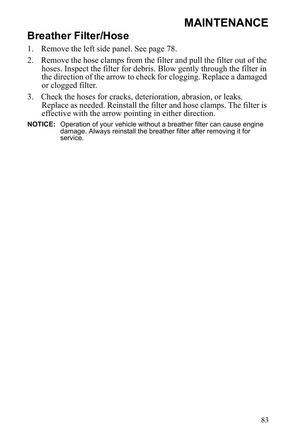 Maintenance, Breather filter/hose | Polaris Sportsman 9922245 User Manual | Page 87 / 133