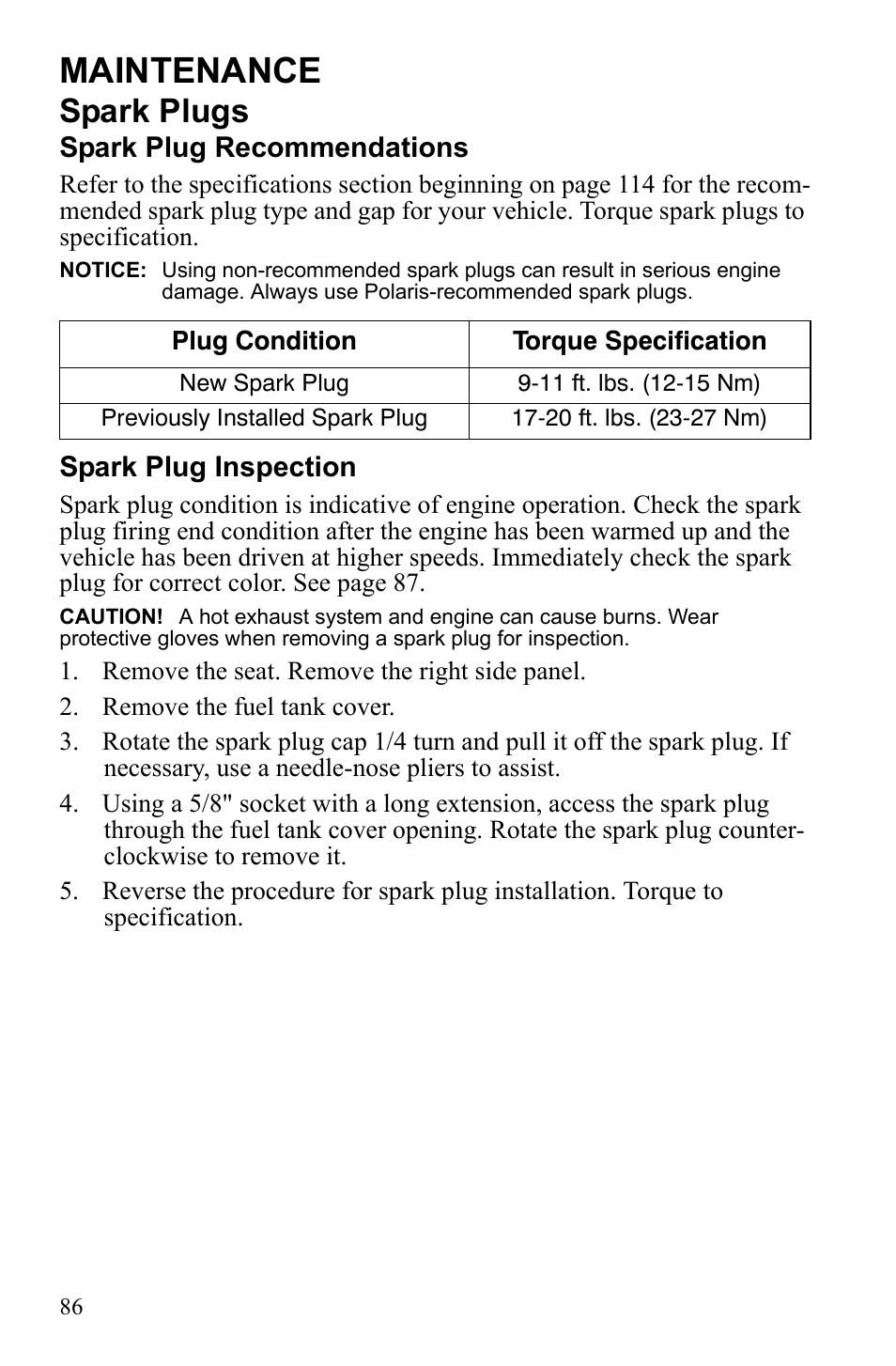 Maintenance, Spark plugs | Polaris Sportsman 9922245 User Manual | Page 90 / 133