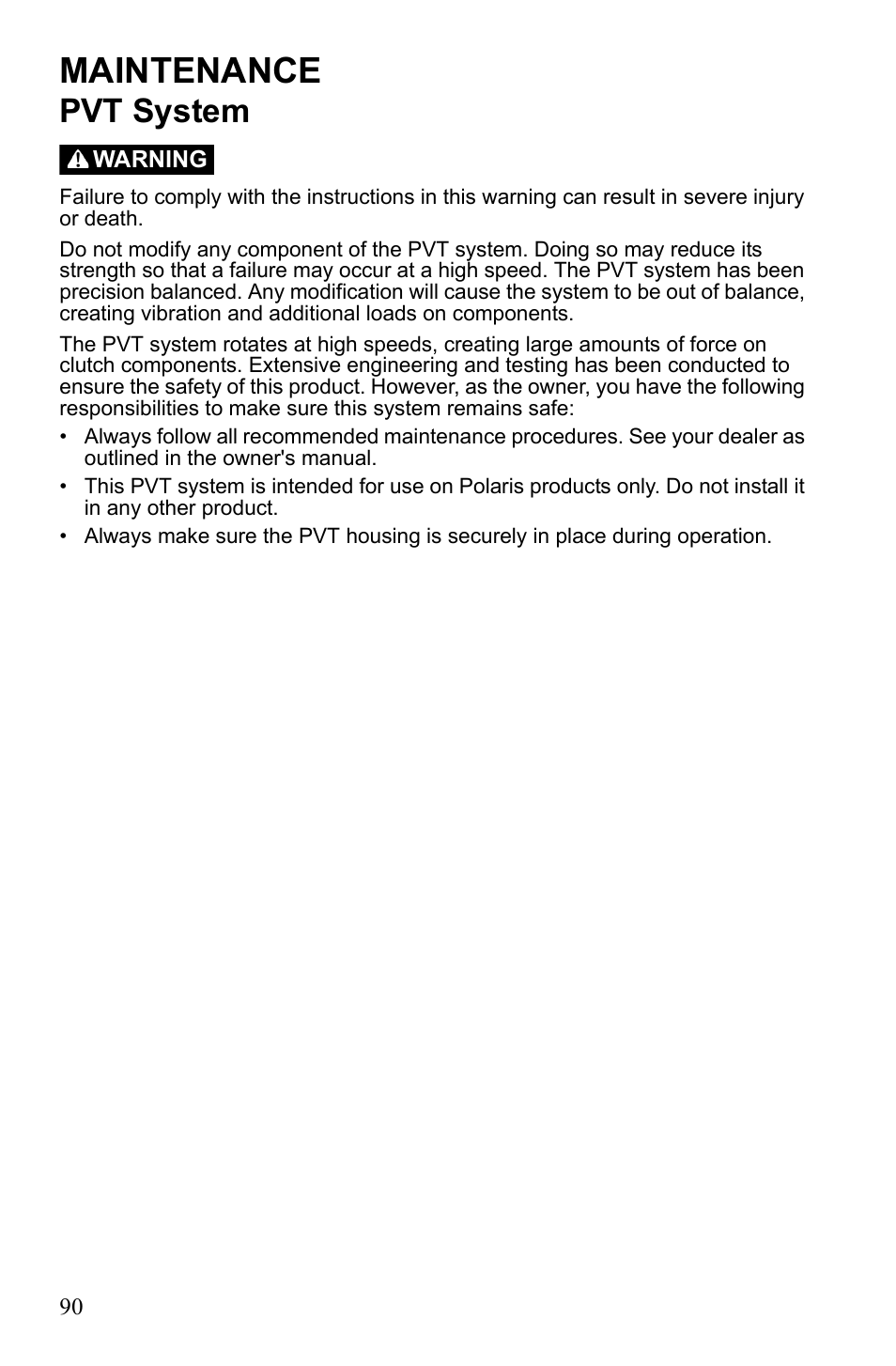 Maintenance, Pvt system | Polaris Sportsman 9922245 User Manual | Page 94 / 133